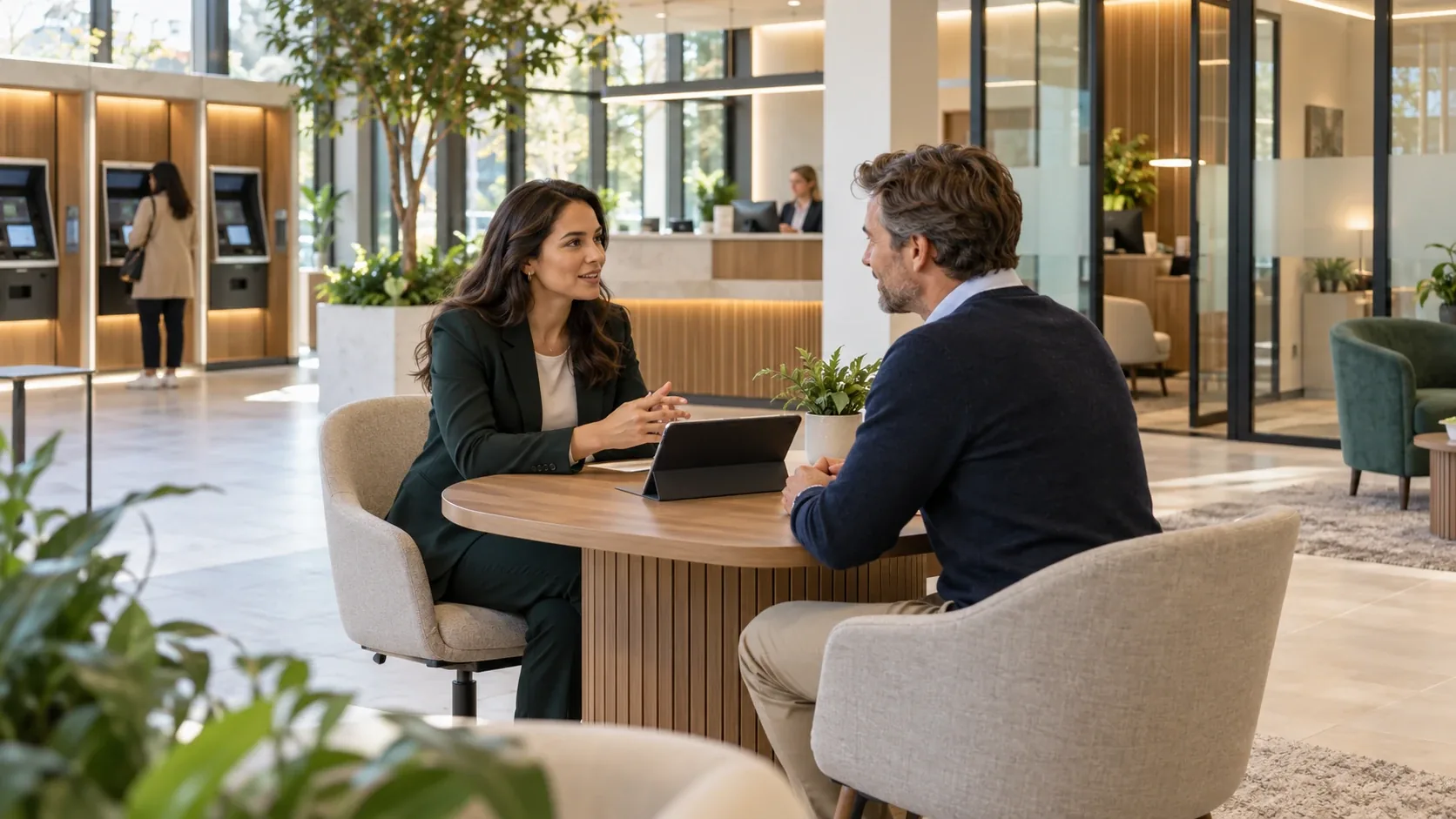 A bank advisor talking with a client at a table in a bright branch