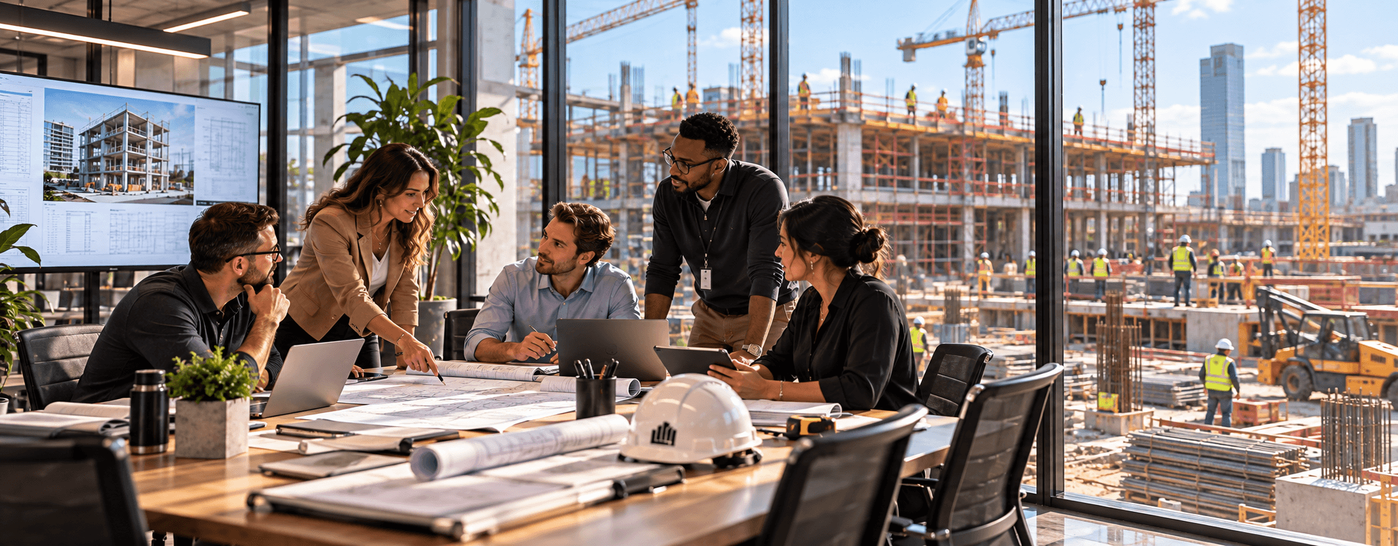 Project team meeting in an office overlooking an active construction site