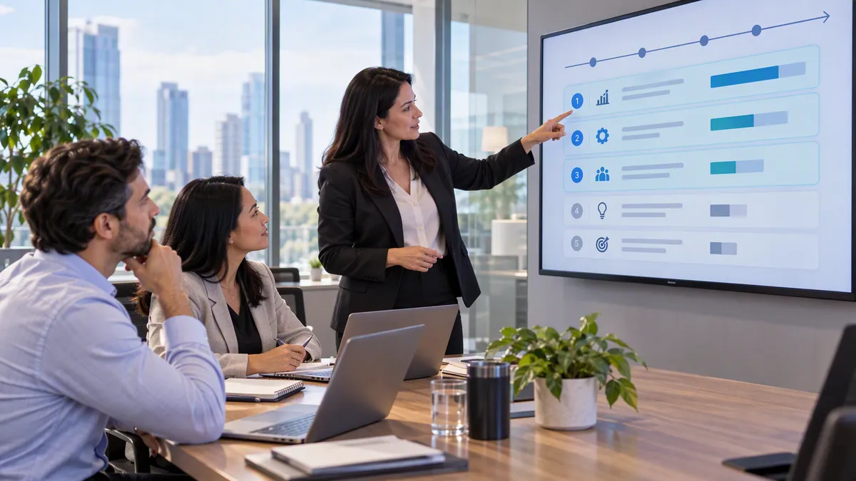 Bank leader pointing to the top-ranked initiative on a roadmap screen as colleagues look on