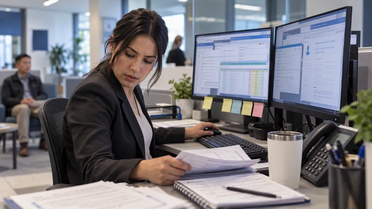 Bank advisor checking a printed form while two monitors overflow with open application windows