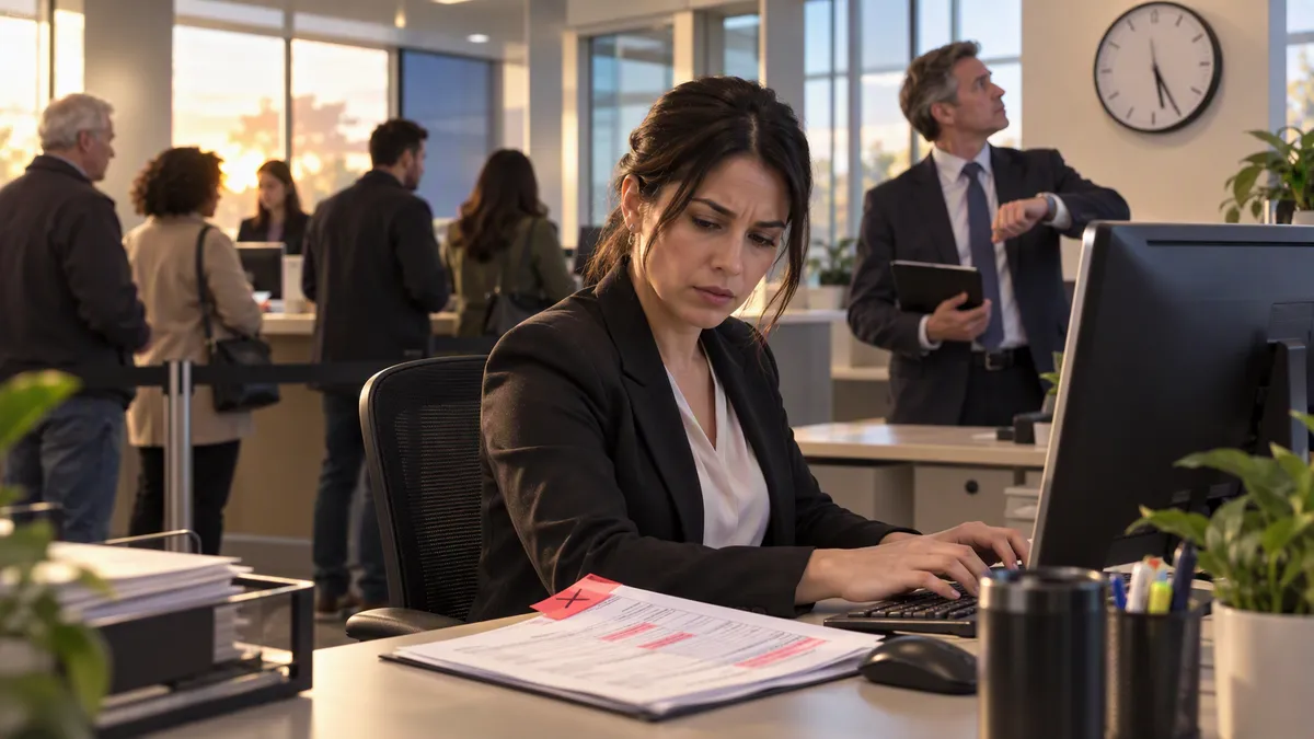 Branch employee re-entering a flagged form while clients queue and a manager checks the time