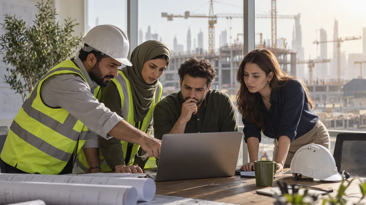 Construction team in hard hats and safety vests reviewing a laptop in a site office overlooking a building site