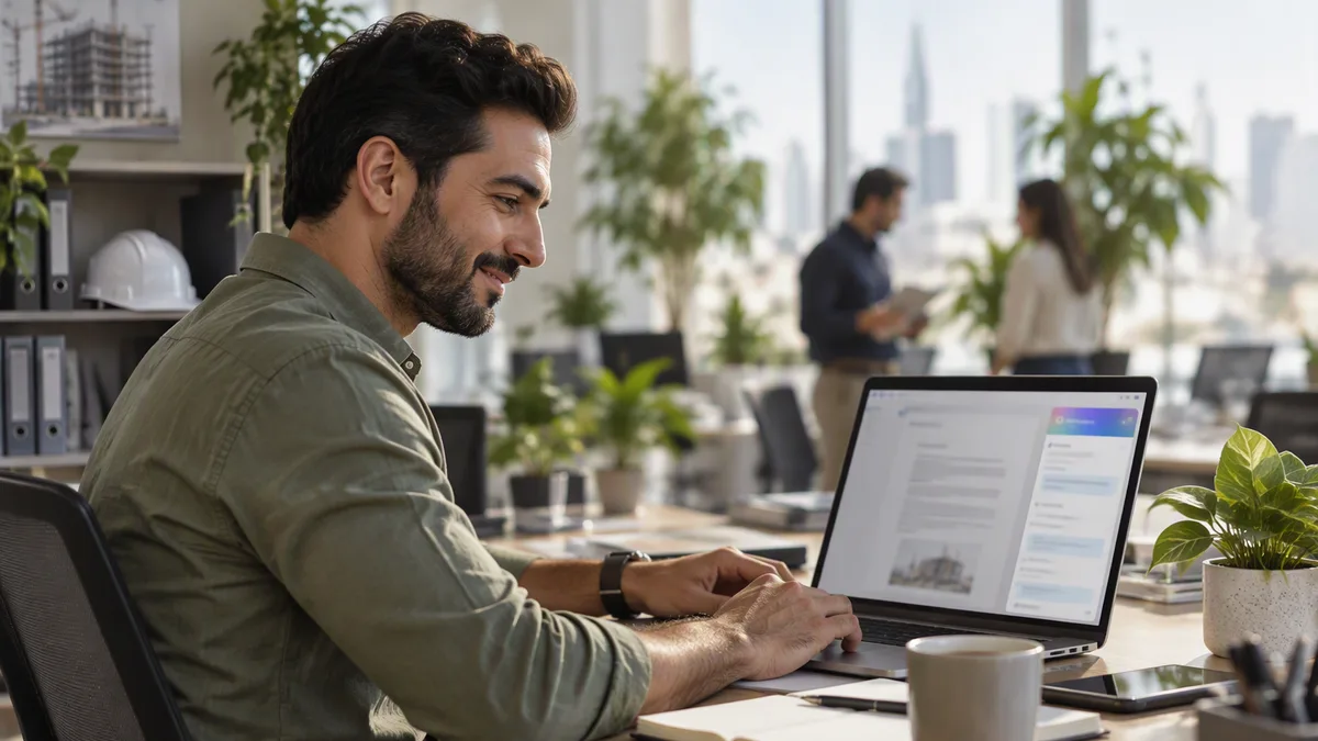 Employee smiling while working in a document with an AI assistant panel open on his laptop
