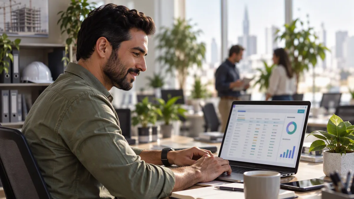 Employee smiling while reviewing a business application with tracking lists and charts on his laptop