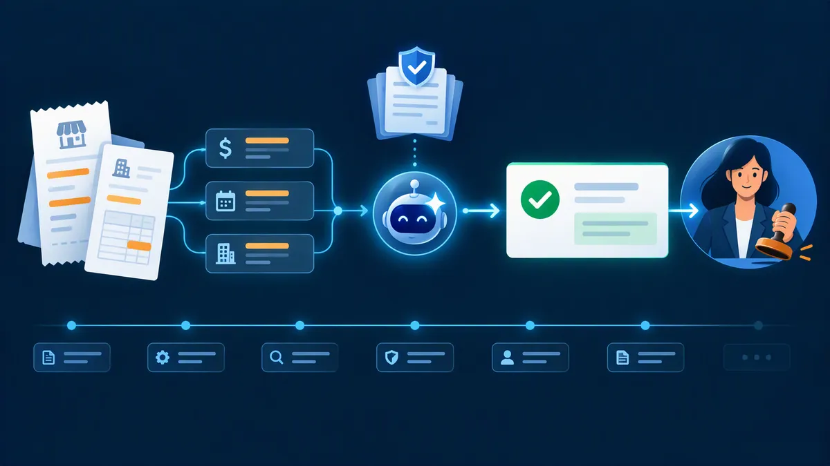 Receipt data extracted, checked by an AI agent against policy, and passed as a recommendation to the approver, with every step logged