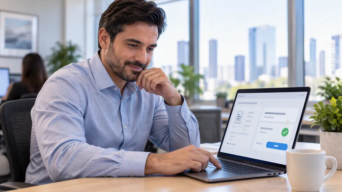 Relaxed approver reviewing an AI recommendation on a laptop at a clear desk