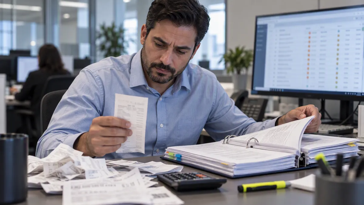 Approver checking a paper receipt against a thick policy binder, with a pile of receipts on the desk
