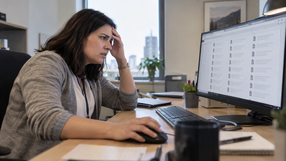 Frustrated employee scrolling a long list of look-alike IT request forms