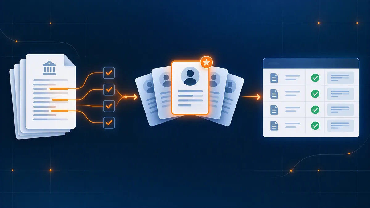 RFP requirements pulled into a checklist, the best-fit resume picked from a stack, and a completed compliance matrix