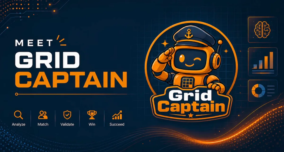 Meet Grid Captain: the saluting robot mascot beside the steps Analyze, Match, Validate, Win, Succeed