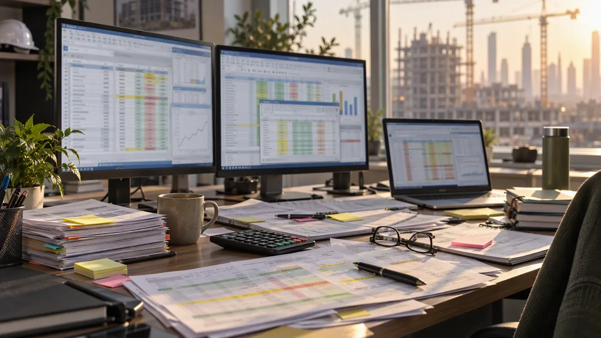 Finance desk crowded with spreadsheets on two monitors and a laptop, and stacks of printed sheets covered in sticky notes