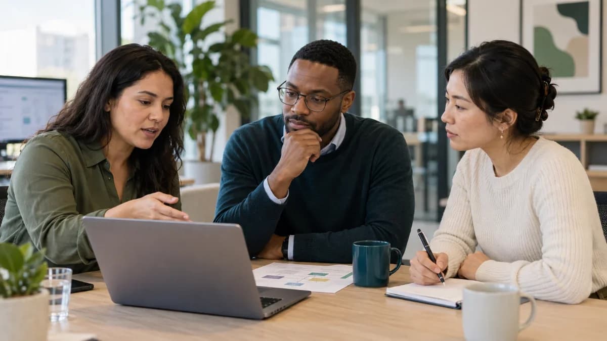 Small team reviewing work together on a laptop