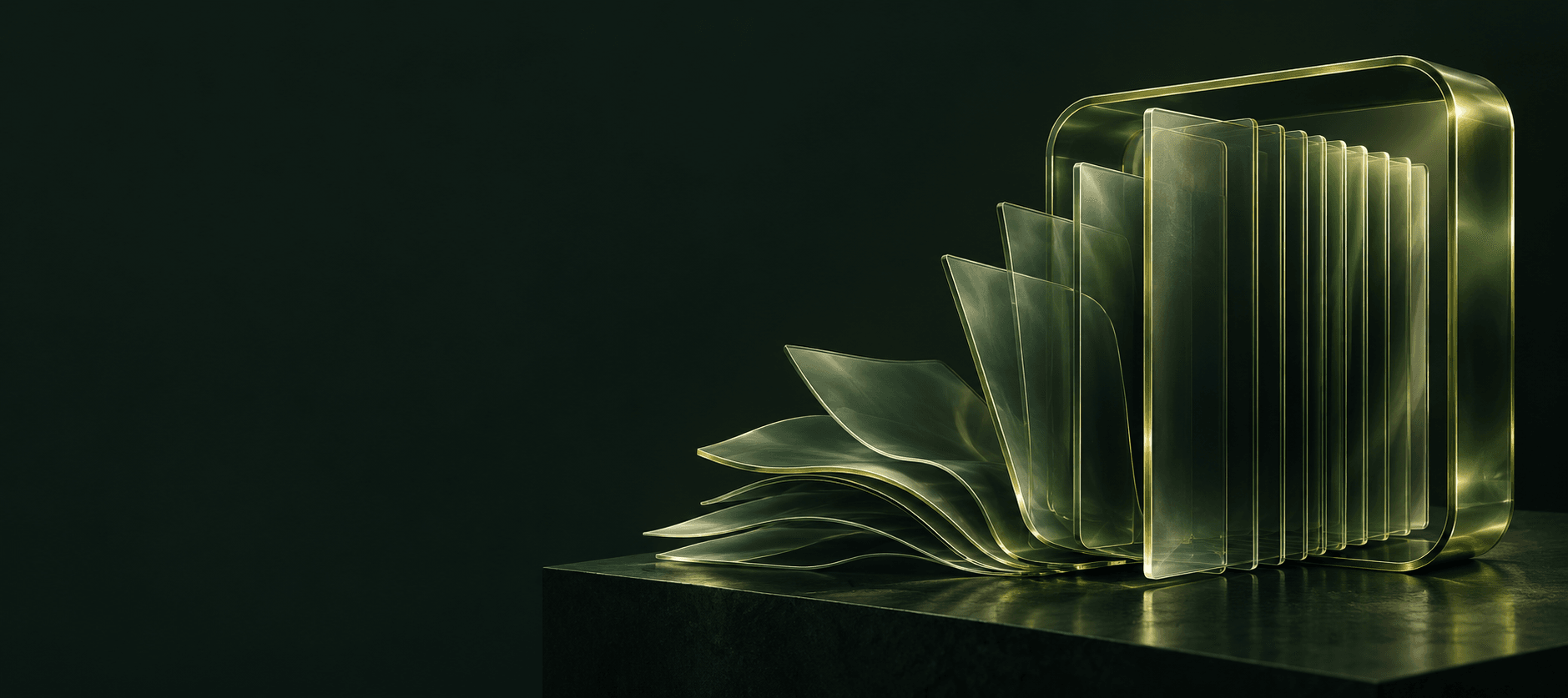 Sheets of green paper fanning out of a rounded archive frame on a dark platform